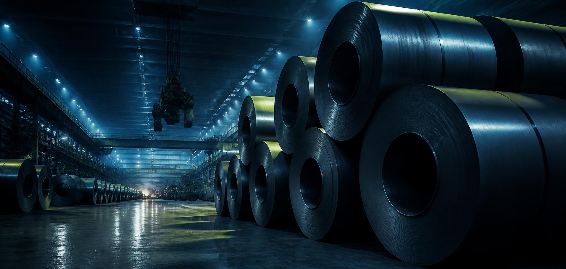 Steel coils stacked in the STEAL SHOP warehouse